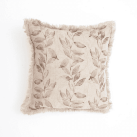 Linen Printed Cushion With Fringes  Brown (Color: Brown)